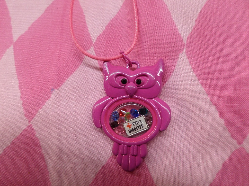 Owl in Hot Pink Type 1 Diabetes Medical Alert Floating Necklace - Click Image to Close