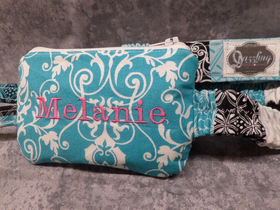 Turquoise Scroll Damask Insulin Pump Case w Monogram - Click Image to Close